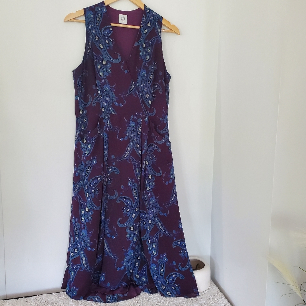 CAbi Treasure Dress Paisley Floral Purple Blue 3461 Boho Midi Flowy Wrap Vee EUC